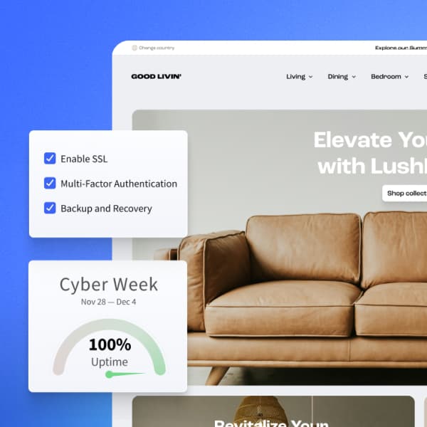A screenshot displaying a couch with text elements such as "GOOD LIVIN'", "Living . Dining v Bedroom w", "Elevate Yo", and various phrases related to technology and sales, including "Enable SSL", "Multi-Factor Authentication", and "Cyber Week". The screen contains a decorative mix of fonts and layouts.