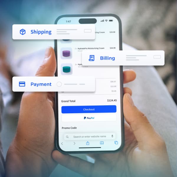 A person holds a smartphone displaying an online checkout page, with floating labels for shipping, billing, and payment information.