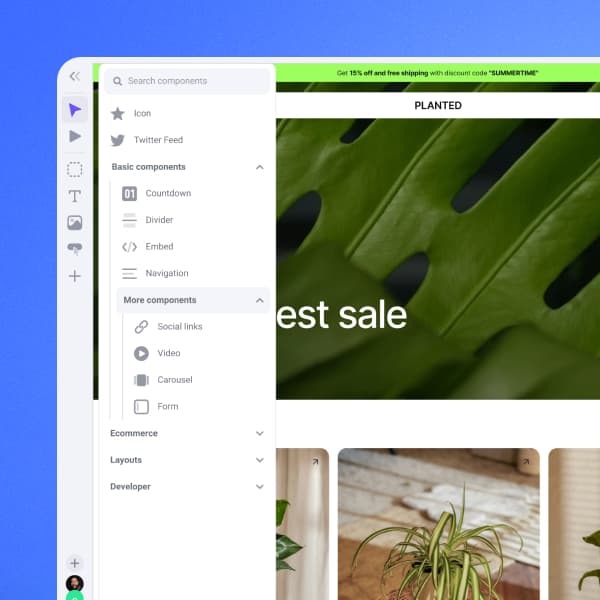 A website builder interface is open, showing a sidebar with component options and a preview of a plant-themed website advertising a sale.